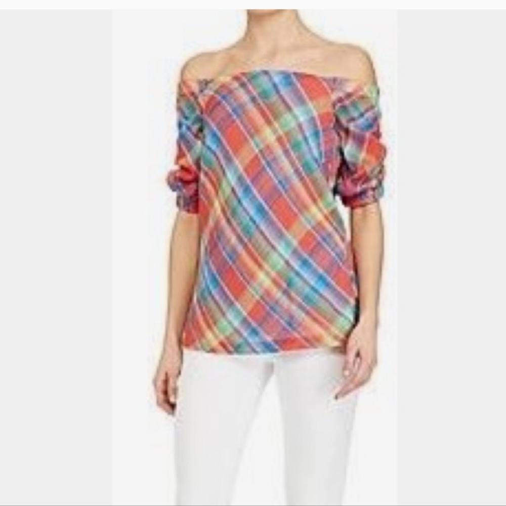 Ralph Lauren Blouse Multicolor Plaid Off-Shoulder Size Large